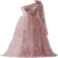 Elegantes One-Shoulder-Abendkleid aus Tüll in Rosa mit feiner bunter Blumenstickerei - US16 / Kleider / Rosarot (Einseitig Schulterfrei)