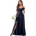 Elegant navy blue off-shoulder bridesmaid dress with high slit and pleated bodice. - 2 / Dresses / Navy Blue