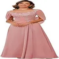 Elegantes rosa Abendkleid aus Spitze und Chiffon mit Blumenapplikationen und Cap-Ärmeln - Rosa