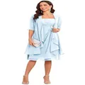 Elegant light blue strapless midi evening dress with a matching chiffon bolero jacket - US16 / Set / Light Blue