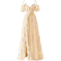 Elegant champagne tulle ball gown featuring intricate floral embroidery and ruffles. - US16 / Dresses / Apricot