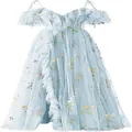 Elegant light blue floral embroidered off-shoulder evening gown with ruffles and slim fit. - US16 / Dresses / Blue
