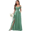 Sage green floor-length bridesmaid dress with pleated off-shoulder bodice and slit - Verdant