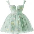 Floral embroidered mint green mini party dress with corset bodice and tulle skirt - US2 / Dresses / Mint Green