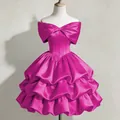Elegant magenta off-shoulder satin evening gown with a tiered ruffled bubble skirt style - US16 / Dresses / Rose Red