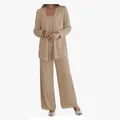 Elegant champagne lace cardigan with matching top and chiffon wide-leg pant three-piece set - US0 (XS) / Top And Bottom / Khaki