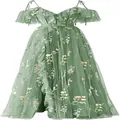 Elegant green floral embroidered evening dress with spaghetti straps and ruffles. - US16 / Dresses / Green