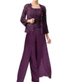 Elegante completo viola tre pezzi con giacca in pizzo e pantaloni in chiffon a gamba larga - Viola scuro