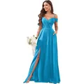 Elegant sky blue off-shoulder bridesmaid dress with pleated bodice and high side slit - Teal