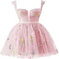 Elegant pink floral embroidery tulle mini dress with delicate shoulder straps for party - US2 / Dresses / Pink