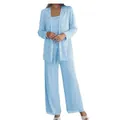 Elegant light blue three-piece set featuring lace cardigan and wide-leg chiffon pants. - US0 (XS) / Top And Bottom / Sky Blue