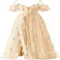Elegant floral embroidered evening dress with spaghetti straps and tiered ruffles for women - US16 / Dresses / Champagne