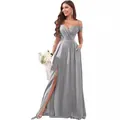 Grey off-the-shoulder bridesmaid dress with high slit and pleated bodice for wedding - Silver Gray