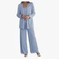 Elegant three-piece dusty blue evening pant suit with lace cardigan and wide-leg chiffon pants - US0 (XS) / Top And Bottom / Light Blue