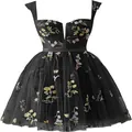 Elegant black strap mini dress with floral embroidery and deep V-neckline evening gown - US2 / Dresses / Black
