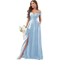 Light blue off-shoulder pleated maxi dress with high slit for bridesmaids and weddings. - Light Blue