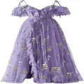 Elegant purple floral tulle evening dress with spaghetti straps and ruffles detail - US16 / Dresses / Lavender