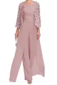 Elegante completo pantalone da sera in tre pezzi in pizzo malva con cardigan in chiffon - Rosa chiaro