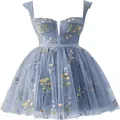 Light blue strap mini party dress with yellow floral embroidery and tulle skirt - US2 / Dresses / Grey Blue