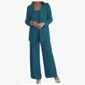 Elegant teal lace cardigan and wide-leg chiffon pants three-piece formal evening suit - US0 (XS) / Set / Malachite green