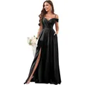 Elegant black off-shoulder evening dress with pleated bodice and a high side slit - Black