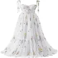 Elegantes weißes, ärmelloses, bodenlanges Träger-Abendkleid mit zarten Blumendrucken - US16 / Kleid (Spaghettiträger) / Weiß