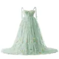 Elegant mint green V-neck tulle evening gown with colorful floral embroidery details - US 26W / Dresses / Mint Green
