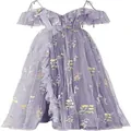 Elegant purple floral embroidered tulle evening dress with spaghetti straps and ruffles - US16 / Dresses / Violet