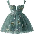 Dark green strap mini dress with floral embroidery and mesh layers for party hosting - US2 / Dresses / Teal