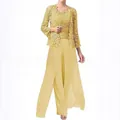 Elegante completo da sera in 3 pezzi da donna in pizzo e chiffon in giallo pallido - Giallo