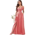 Elegant coral pink off-shoulder pleated bridesmaid gown with high leg slit and pockets - Watermelon red