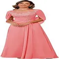 Elegant pink lace and chiffon long evening dress with floral applique and cape sleeves - Peach Pink