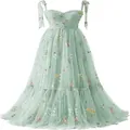 Elegantes mintgrünes, lang besticktes Abendkleid mit verstellbaren Trägern und Blumen - US16 / Kleider / Minzgrün (Spaghettiträger)