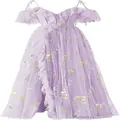Elegant lavender floral embroidered evening gown with ruffled straps and A-line silhouette - US16 / Dresses / Purple