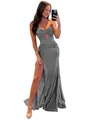 Elegante abito da sera grigio senza spalline con spacco alto e silhouette a sirena aderente - US2 / Vestiti / grigio-argento