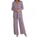 Elegant three-piece lace and chiffon evening pant suit in lavender purple for women - US0 (XS) / Top And Bottom / Grey Purple