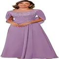 Lavender lace chiffon evening gown with cape sleeves and floral applique - Lilac Purple