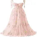 Elegantes rosa Blumenstickerei-Netz-Maxikleid mit verstellbaren Bindeträgern für Damen - US16 / Kleider / Rosa (Spaghettiträger)