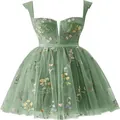 Elegant sage green strap short dress with floral embroidery and corset bodice for party - US2 / Dresses / Green