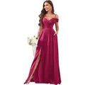 Elegant fuchsia off-the-shoulder pleated long bridesmaid dress featuring a side slit - Scarlet