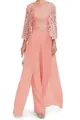 Elegante set con top in pizzo color pesca, pantaloni in chiffon e cardigan coordinato - Rosso corallo