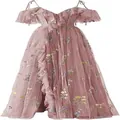 Elegant dusty pink floral embroidered cold shoulder evening dress with ruffles - US16 / Dresses / Dusty Pink