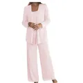Elegant light pink three-piece suit with lace cardigan and chiffon wide-leg trousers - US0 (XS) / Set / Light Pink