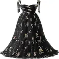 Elegantes schwarzes Abendkleid mit bunter Blumenstickerei und Trägern mit Schleifen - US16 / Kleider / Schwarz (Spaghetti-Träger)