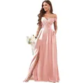 Elegant off-shoulder pink bridesmaid dress with pleated bodice and thigh-high slit - Coral