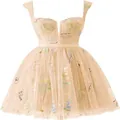 Elegant champagne floral embroidered mini party dress with layered tulle skirt for women - US2 / Dresses / Champagne