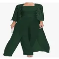 Elegante set da sera taglie forti con coprispalle in pizzo verde scuro e chiffon fluido - Verde Scuro