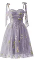Elegant lavender tulle midi dress featuring floral embroidery and ribbon tie shoulder straps - US16 / Dresses / Dark Purple (Style B)