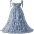 Elegantes bodenlanges blaues Tüll-Abendkleid mit Stickerei und Schleifenträgern - US16 / Kleider / Graublau