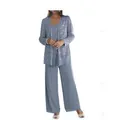 Elegant grey-blue three-piece evening suit featuring sequined cardigan and chiffon trousers - US0 (XS) / Top And Bottom / Grey Blue